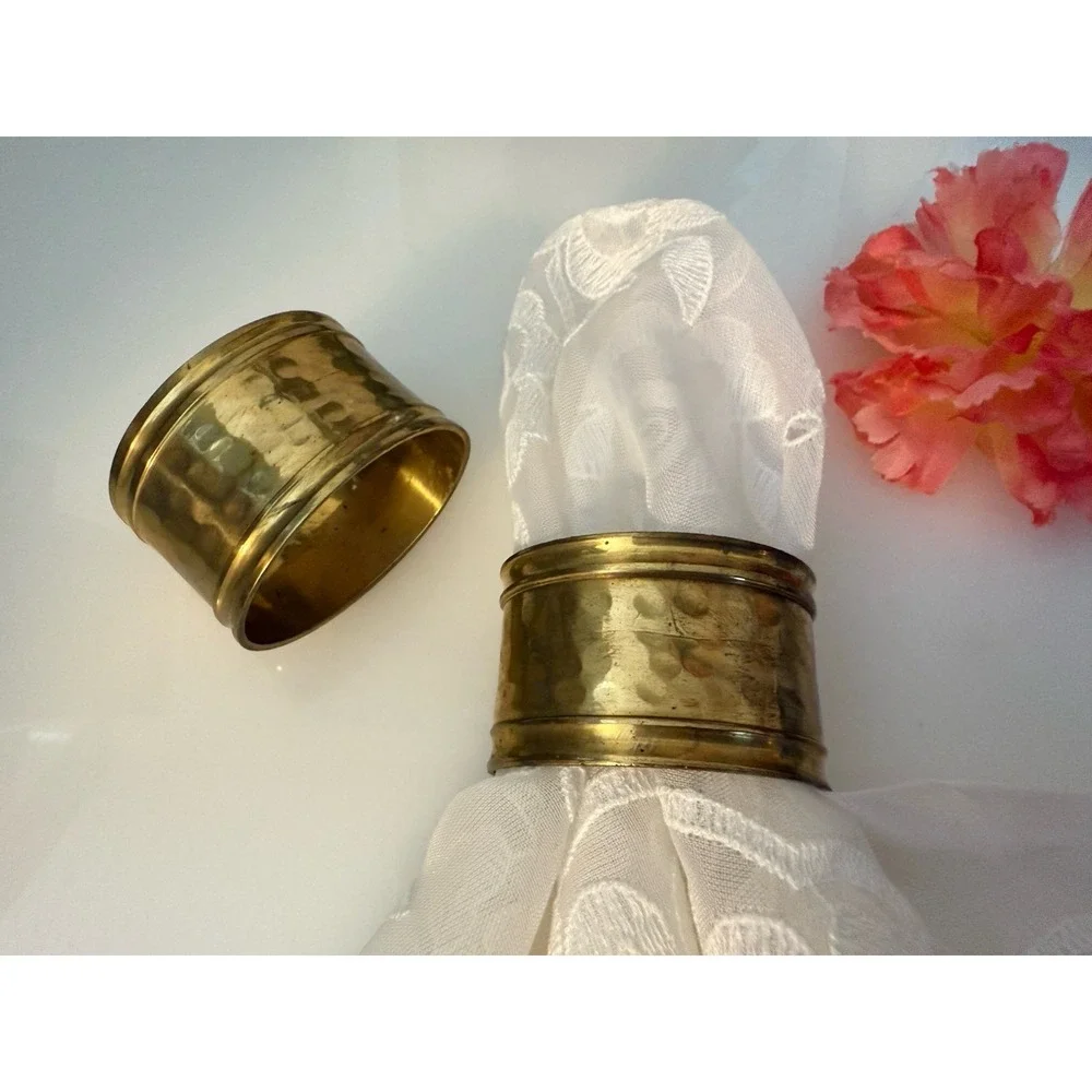 Vintage Set of 2 Solid Hammered Brass Oval Napkin Rings Made in India Sturdy GUC
